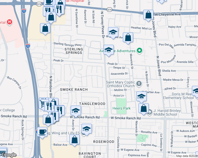 map of restaurants, bars, coffee shops, grocery stores, and more near 2632 Shakespeare Road in Las Vegas