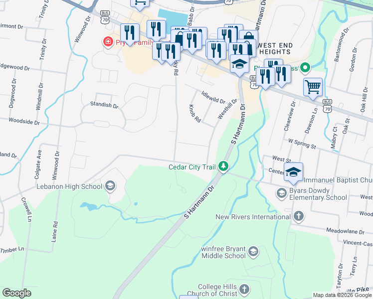 map of restaurants, bars, coffee shops, grocery stores, and more near 1406 Linwood Drive in Lebanon