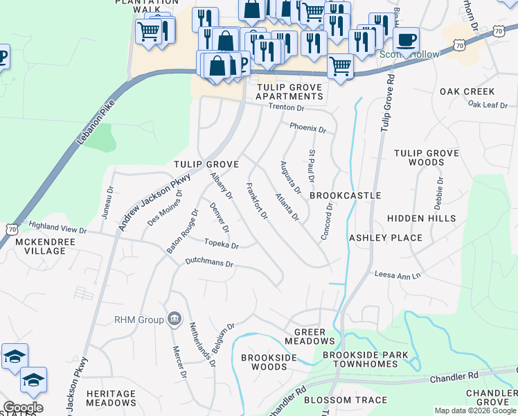 map of restaurants, bars, coffee shops, grocery stores, and more near 635 Frankfort Drive in Nashville