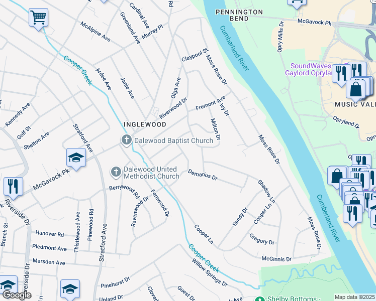 map of restaurants, bars, coffee shops, grocery stores, and more near 2001 Warden Dr in Nashville
