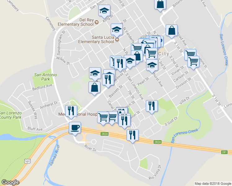 map of restaurants, bars, coffee shops, grocery stores, and more near 711 Bassett Street in King City