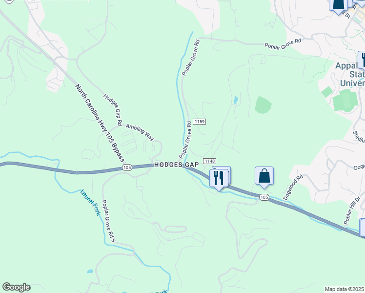 map of restaurants, bars, coffee shops, grocery stores, and more near 1794 Poplar Grove Road South in Boone