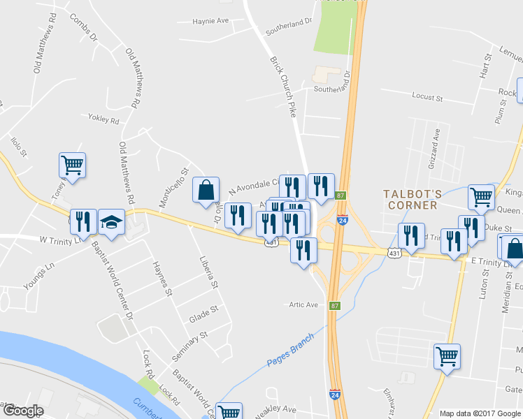 map of restaurants, bars, coffee shops, grocery stores, and more near 1213 Avondale Cir in Nashville