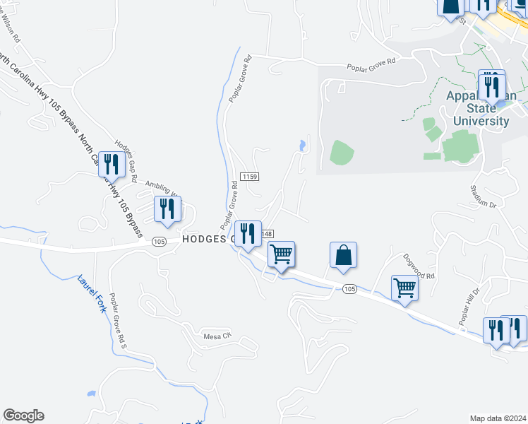 map of restaurants, bars, coffee shops, grocery stores, and more near 201 Abbey Road in Boone
