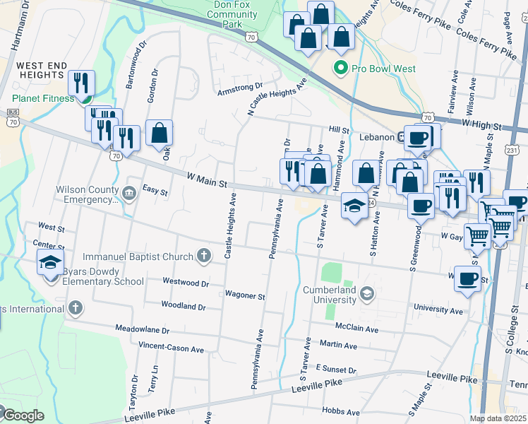 map of restaurants, bars, coffee shops, grocery stores, and more near 610 West Main Street in Lebanon