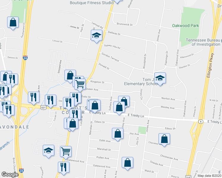 map of restaurants, bars, coffee shops, grocery stores, and more near 219a Queen Avenue in Nashville