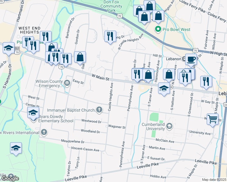 map of restaurants, bars, coffee shops, grocery stores, and more near 115 Castle Heights Avenue in Lebanon