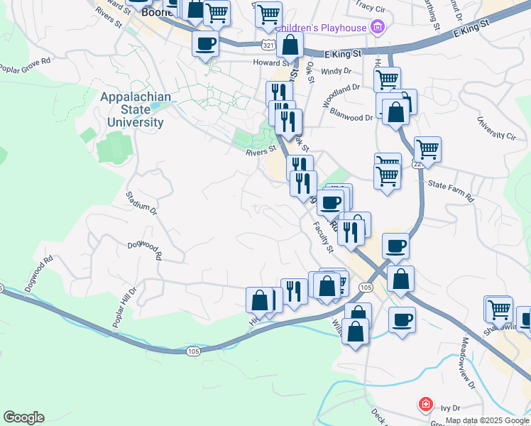 map of restaurants, bars, coffee shops, grocery stores, and more near 9 Charlotte Ann Lane in Boone