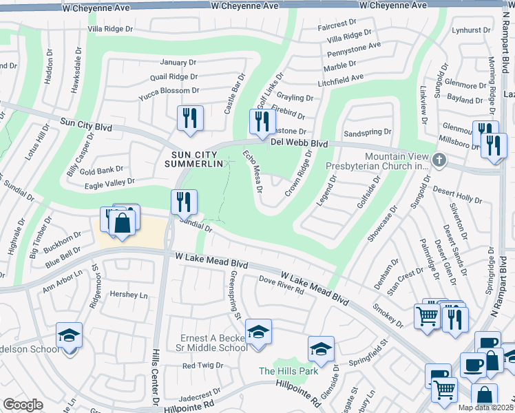map of restaurants, bars, coffee shops, grocery stores, and more near 2651 Echo Mesa Drive in Las Vegas