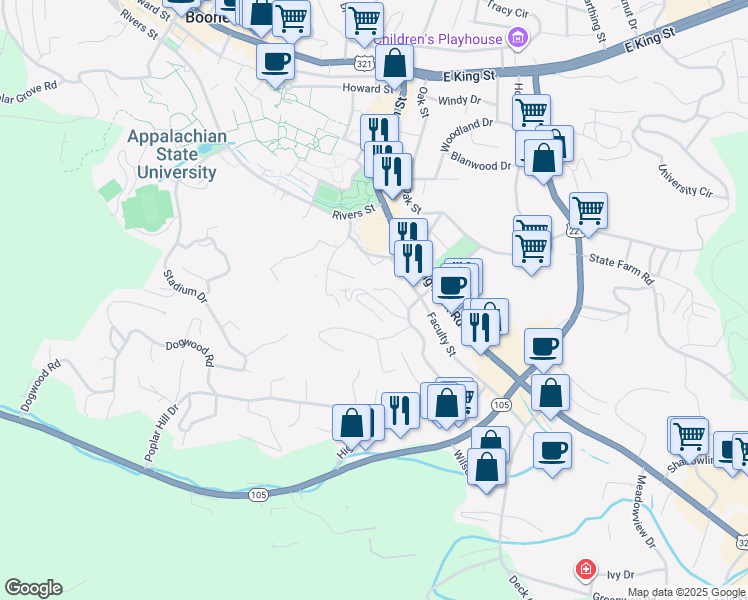 map of restaurants, bars, coffee shops, grocery stores, and more near 9 Charlotte Anne Lane in Boone