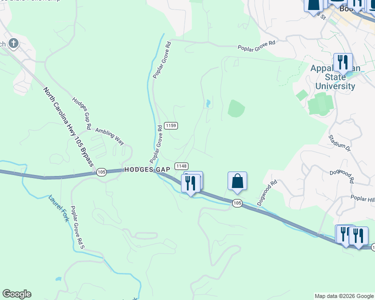 map of restaurants, bars, coffee shops, grocery stores, and more near 201 Abbey Road in Boone
