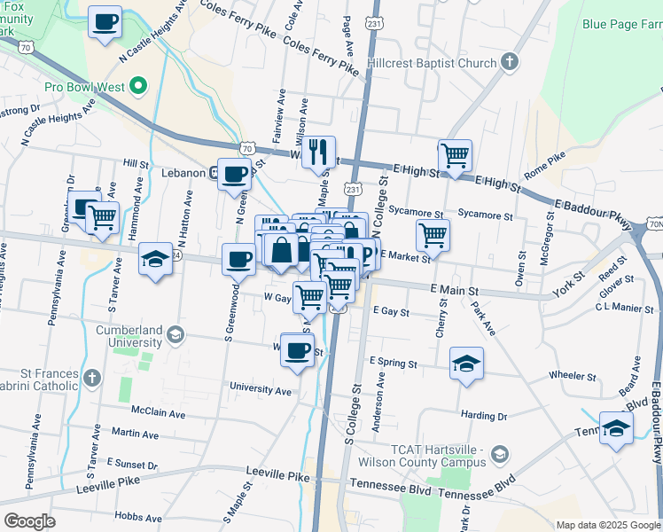 map of restaurants, bars, coffee shops, grocery stores, and more near 120 West Main Street in Lebanon
