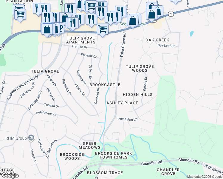 map of restaurants, bars, coffee shops, grocery stores, and more near 147 Brooke Castle Drive in Nashville