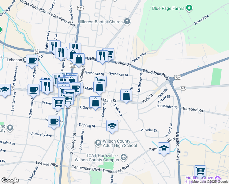 map of restaurants, bars, coffee shops, grocery stores, and more near 198 Ward Street in Lebanon