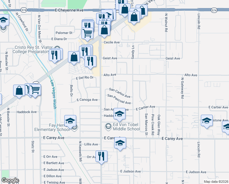 map of restaurants, bars, coffee shops, grocery stores, and more near 3583 San Carlos Avenue in Las Vegas