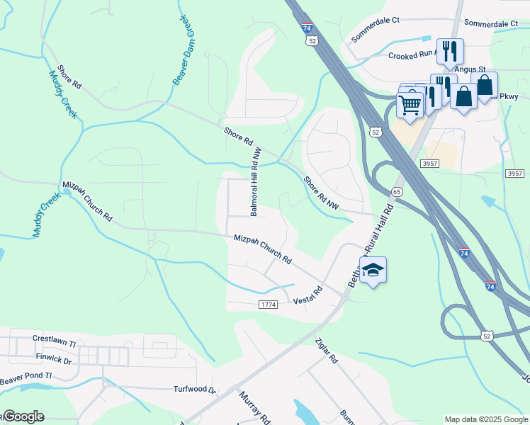map of restaurants, bars, coffee shops, grocery stores, and more near 105 Prestwick Lane Northwest in Rural Hall