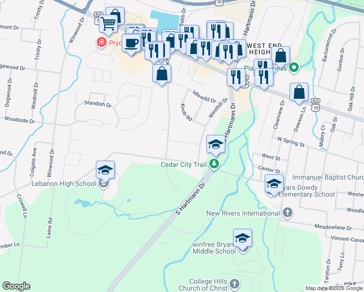 map of restaurants, bars, coffee shops, grocery stores, and more near 1406 Linwood Drive in Lebanon