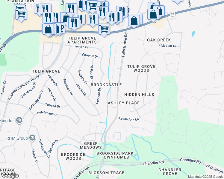 map of restaurants, bars, coffee shops, grocery stores, and more near 147 Brooke Castle Drive in Nashville