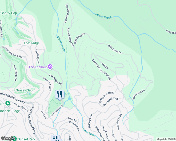 map of restaurants, bars, coffee shops, grocery stores, and more near 110 Locust Ridge Road in Beech Mountain