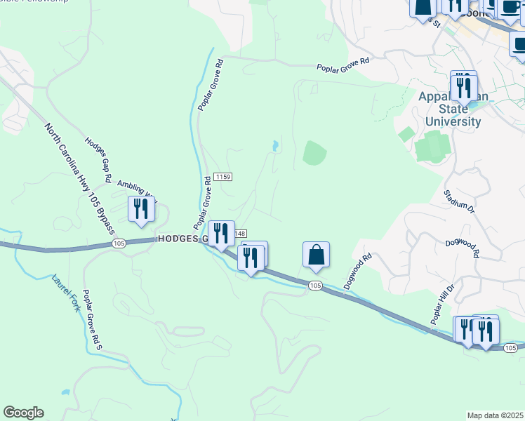 map of restaurants, bars, coffee shops, grocery stores, and more near 131 Hummingbird Hill in Boone