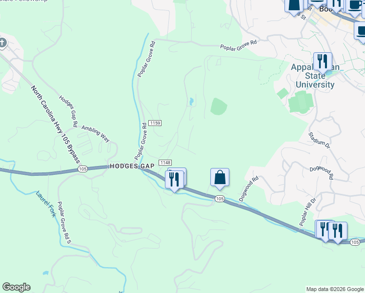 map of restaurants, bars, coffee shops, grocery stores, and more near 131 Hummingbird Hill in Boone