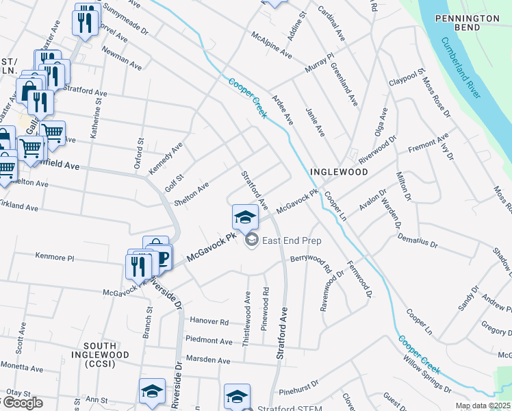 map of restaurants, bars, coffee shops, grocery stores, and more near 3702 Inglewood Circle South in Nashville