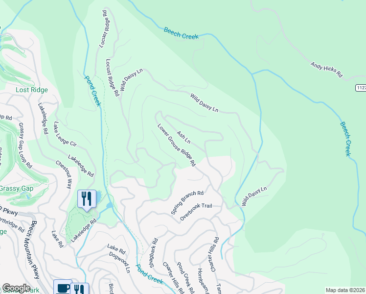 map of restaurants, bars, coffee shops, grocery stores, and more near 109 Ash Lane in Beech Mountain