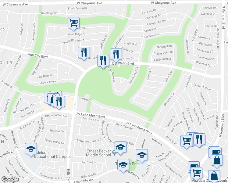 map of restaurants, bars, coffee shops, grocery stores, and more near 2651 Echo Mesa Drive in Las Vegas