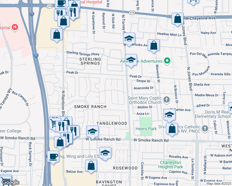map of restaurants, bars, coffee shops, grocery stores, and more near 2629 Shakespeare Road in Las Vegas