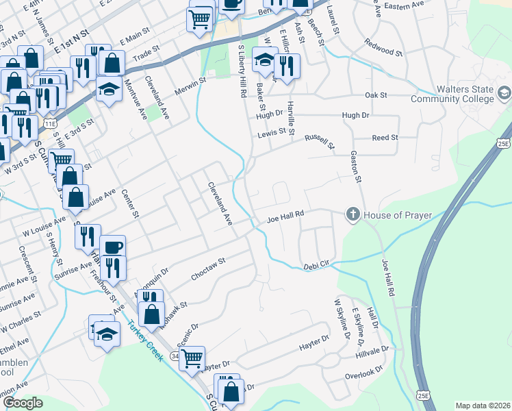 map of restaurants, bars, coffee shops, grocery stores, and more near 1103 Liberty Hall Dr in Morristown