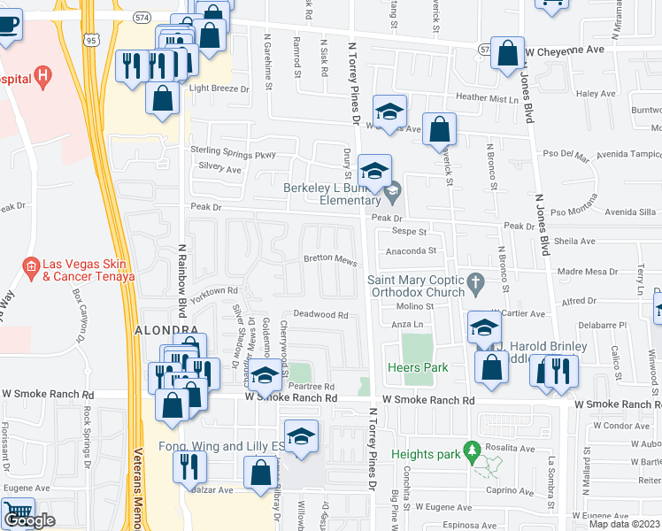 map of restaurants, bars, coffee shops, grocery stores, and more near 2629 Shakespeare Road in Las Vegas