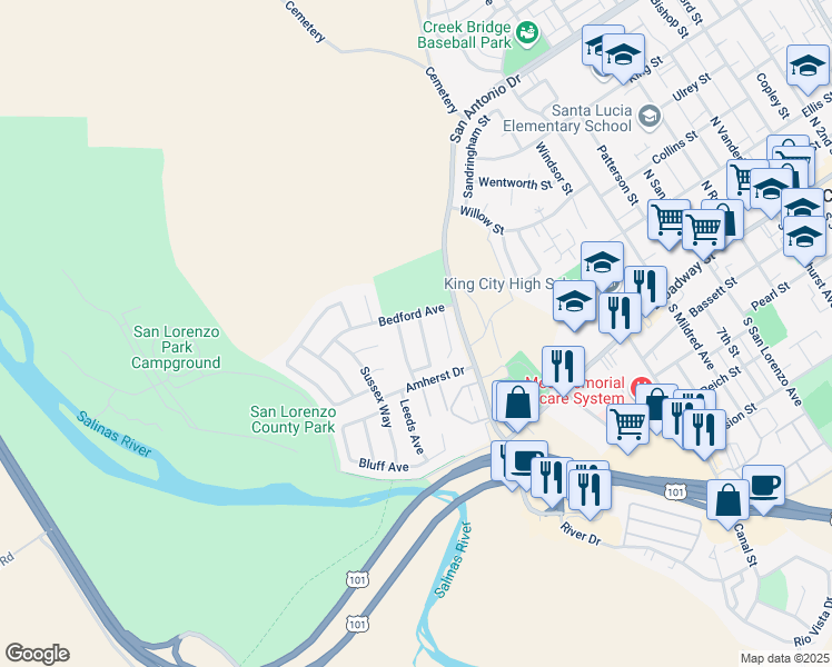 map of restaurants, bars, coffee shops, grocery stores, and more near 255 Brighton Avenue in King City