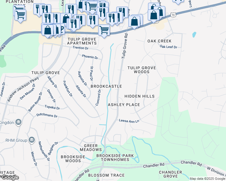 map of restaurants, bars, coffee shops, grocery stores, and more near 147 Brooke Castle Drive in Nashville