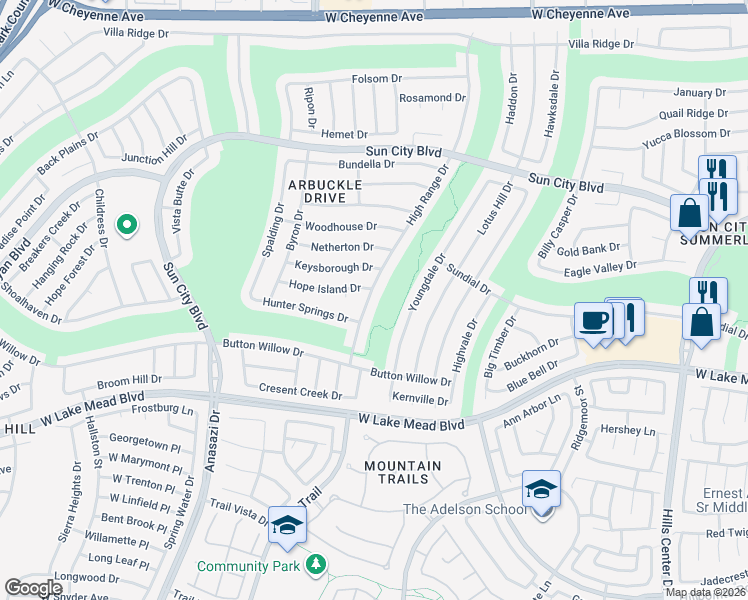 map of restaurants, bars, coffee shops, grocery stores, and more near 2616 High Range Drive in Las Vegas