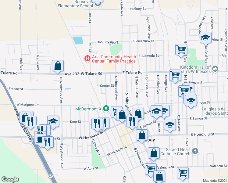 map of restaurants, bars, coffee shops, grocery stores, and more near 531 North Elmwood Avenue in Lindsay