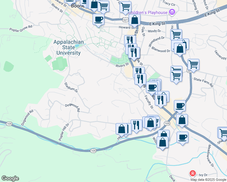 map of restaurants, bars, coffee shops, grocery stores, and more near 284 Hill Street in Boone