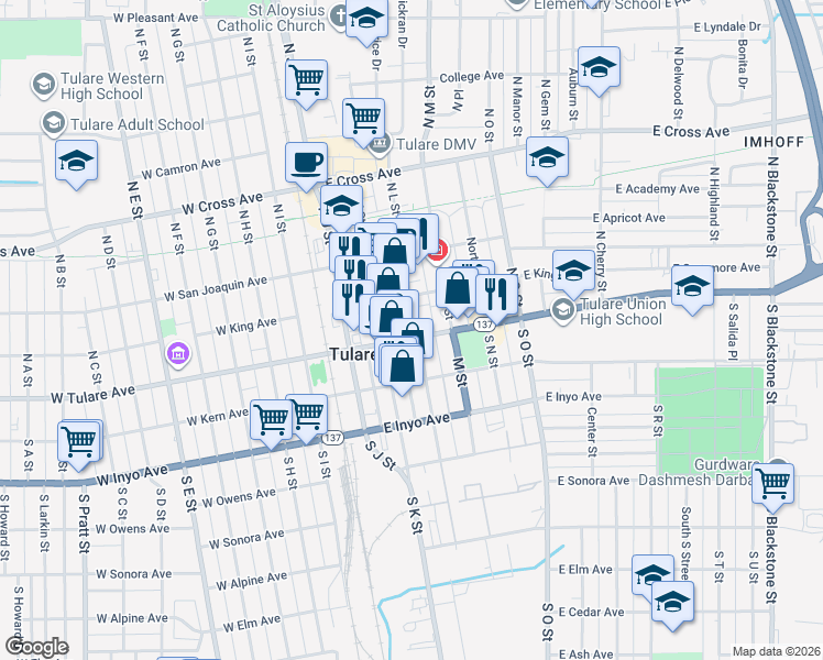 map of restaurants, bars, coffee shops, grocery stores, and more near 304 E Tulare Ave in Tulare