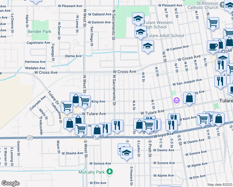 map of restaurants, bars, coffee shops, grocery stores, and more near 244 North Sacramento Street in Tulare