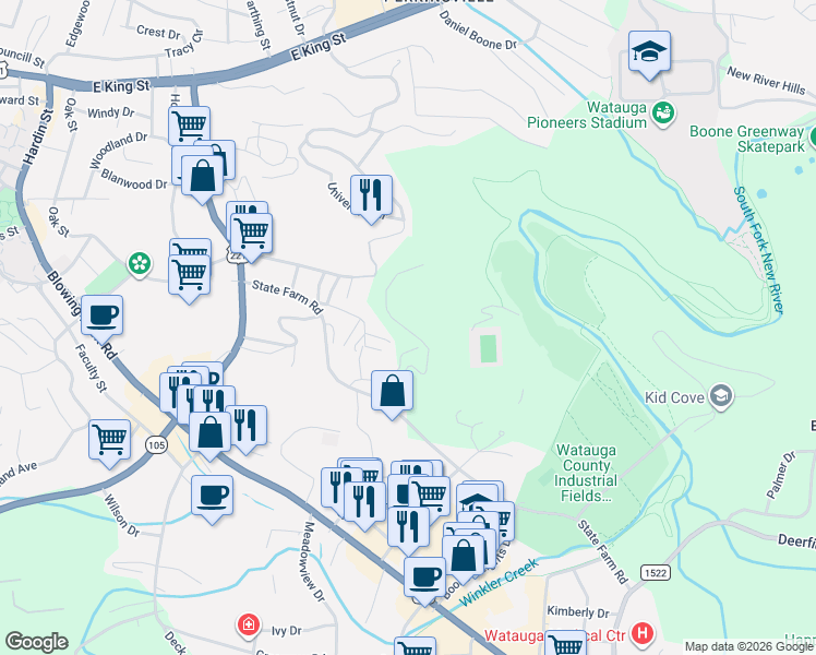 map of restaurants, bars, coffee shops, grocery stores, and more near 202 West King Street in Boone