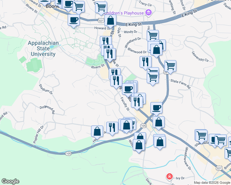 map of restaurants, bars, coffee shops, grocery stores, and more near 149 Psi Drive in Boone