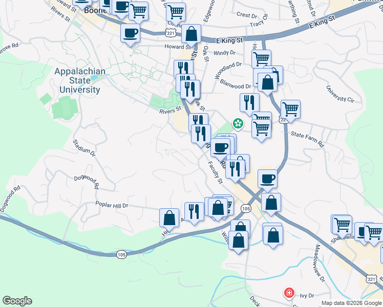 map of restaurants, bars, coffee shops, grocery stores, and more near 149 Psi Drive in Boone