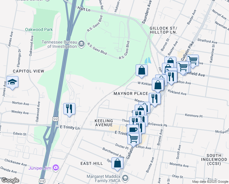 map of restaurants, bars, coffee shops, grocery stores, and more near 901 Maynor Avenue in Nashville