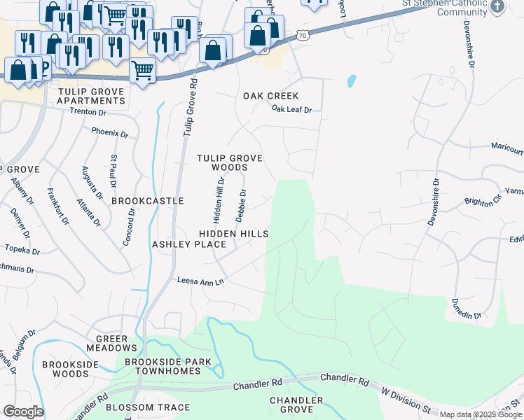 map of restaurants, bars, coffee shops, grocery stores, and more near 5013 Rowena Drive in Nashville