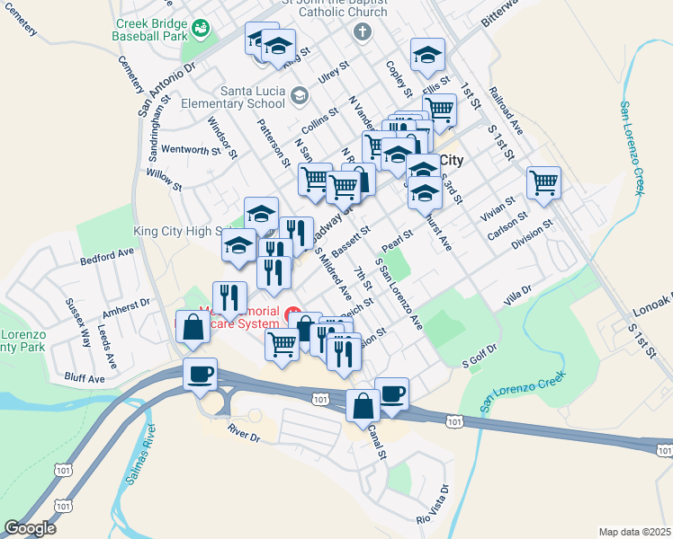 map of restaurants, bars, coffee shops, grocery stores, and more near 211 South Mildred Avenue in King City