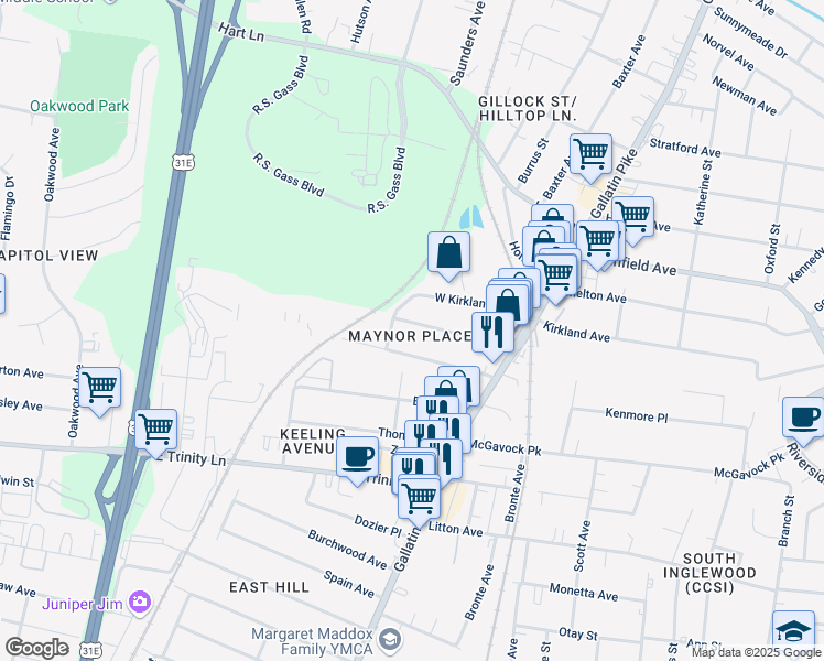 map of restaurants, bars, coffee shops, grocery stores, and more near 1010 Iverson Avenue in Nashville