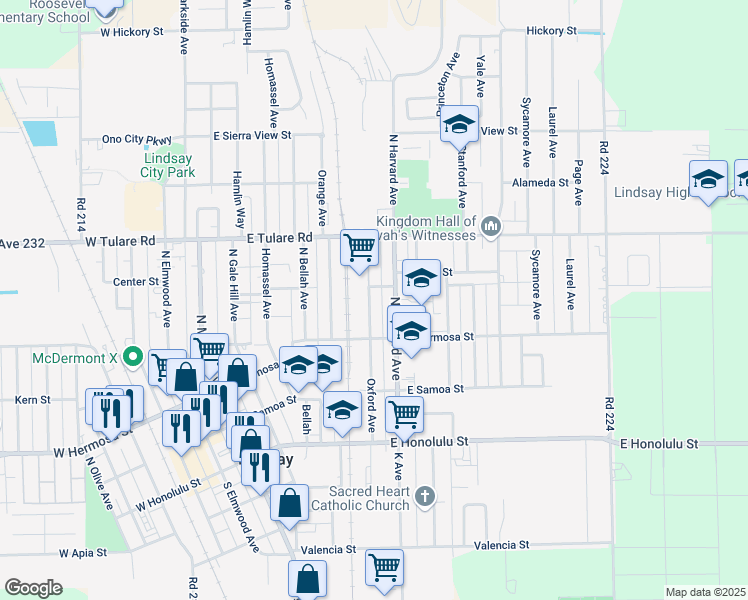 map of restaurants, bars, coffee shops, grocery stores, and more near 374 Oxford Avenue in Lindsay
