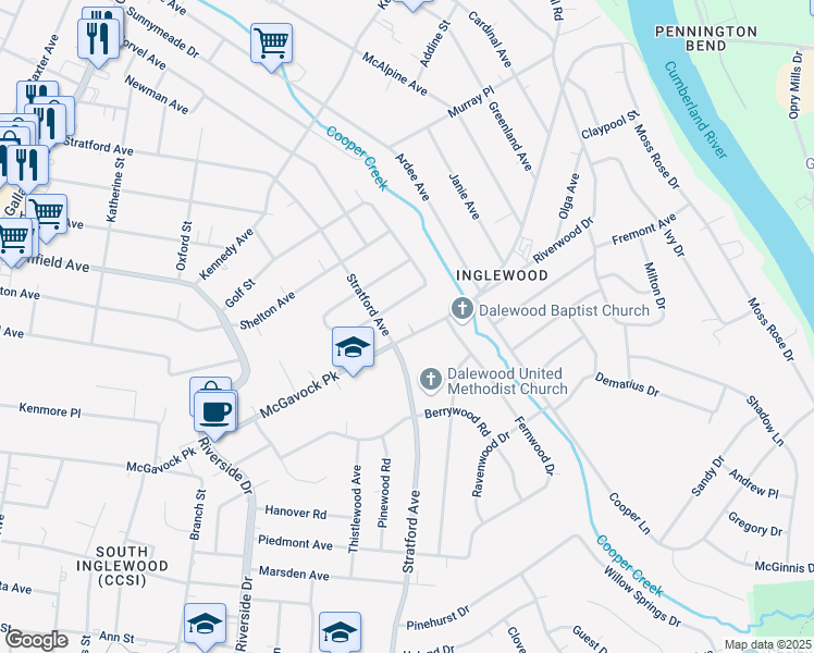 map of restaurants, bars, coffee shops, grocery stores, and more near 1507 McGavock Pike in Nashville