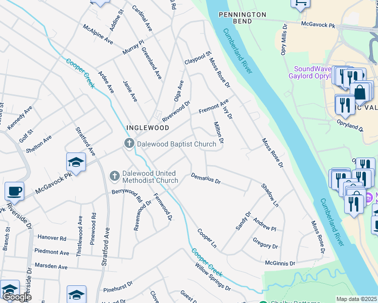 map of restaurants, bars, coffee shops, grocery stores, and more near 2001 Warden Drive in Nashville