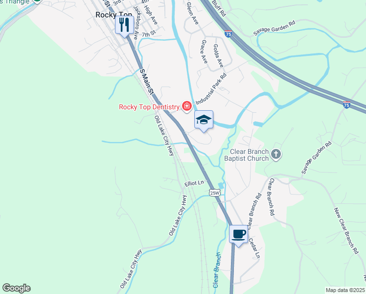map of restaurants, bars, coffee shops, grocery stores, and more near 1135 South Main Street in Rocky Top