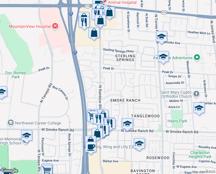 map of restaurants, bars, coffee shops, grocery stores, and more near 2700 North Rainbow Boulevard in Las Vegas